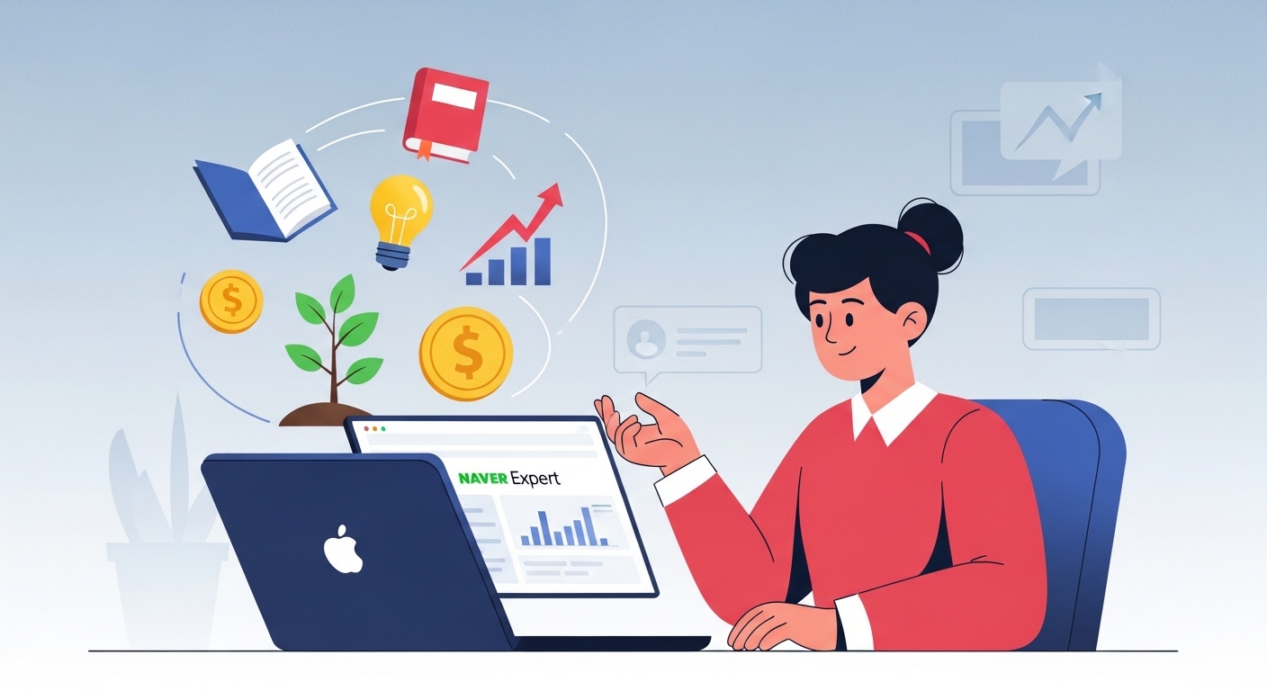 네이버 엑스퍼트 플랫폼을 통해 온라인으로 수익을 창출하는 전문가의 모습, 월 100만 원 달성 목표를 상징합니다.