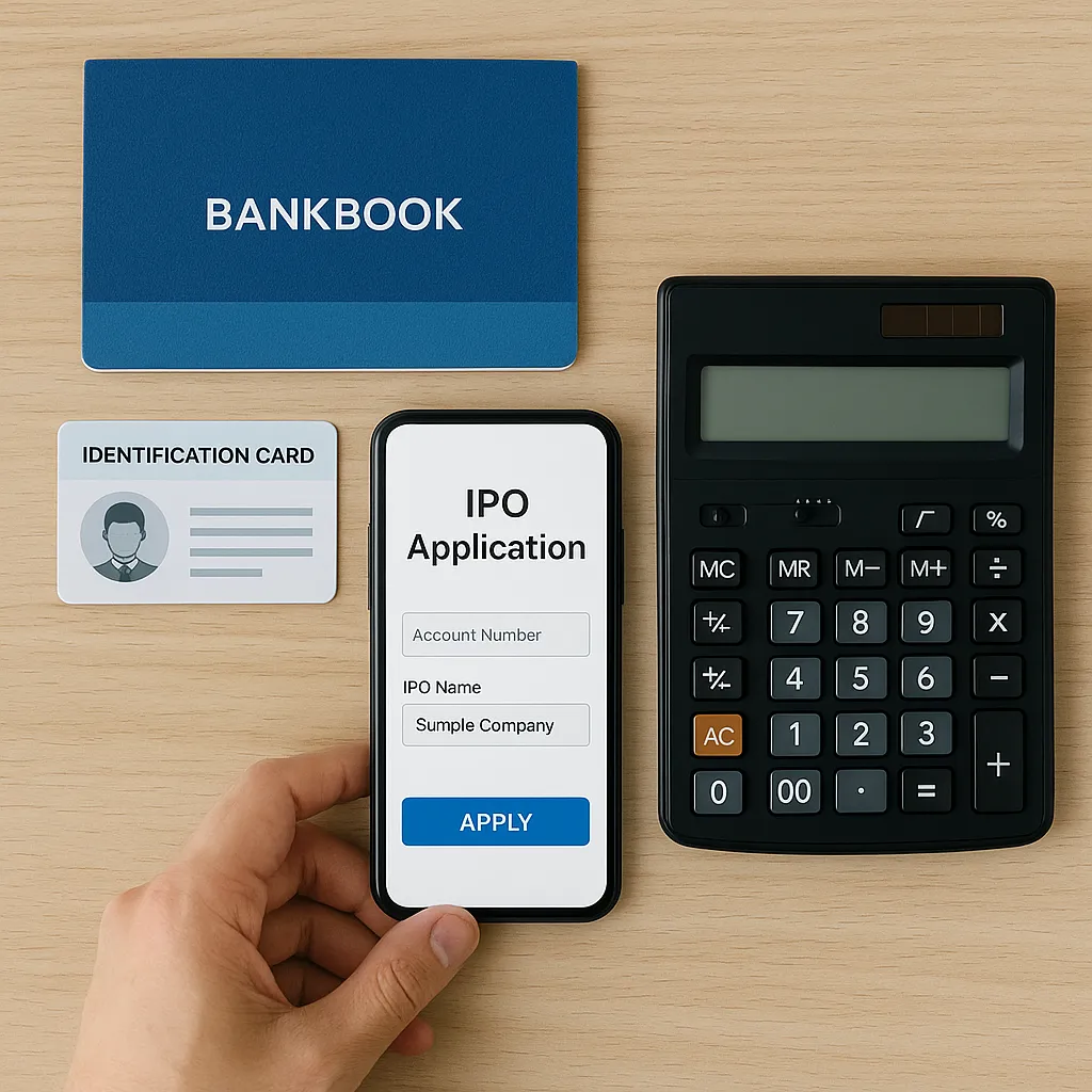 통장&amp;#44; 신분증&amp;#44; 스마트폰&amp;#44; 계산기를 놓고 공모주 청약 준비하는 책상