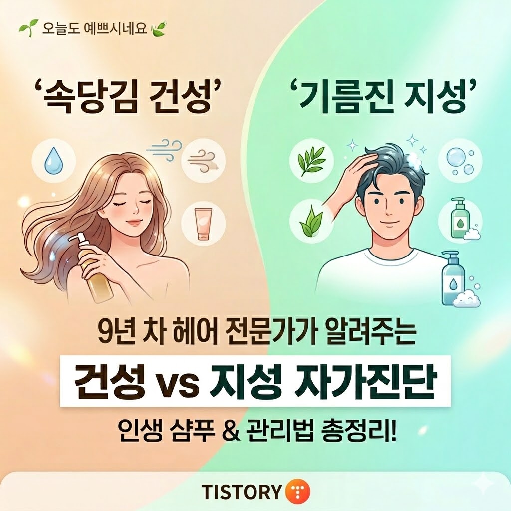 오늘도 예쁘시네요' 블로그용 썸네일 이미지입니다. 화면은 왼쪽의 건성 두피 관리와 오른쪽의 지성 두피 관리로 나뉘어 있습니다. 왼쪽에는 "'속당김 건성'"이라는 문구와 함께 긴 머리의 여성이 펌프 용기를 사용하는 모습, 수분 부족을 나타내는 물방울, 바람, 크림 아이콘이 있습니다. 오른쪽에는 "'기름진 지성'"이라는 문구와 함께 남성이 머리를 만지는 모습, 피지 관리를 나타내는 티트리 잎, 거품, 샴푸 아이콘이 있습니다. 중앙에는 "9년 차 헤어 전문가가 알려주는 건성 vs 지성 자가진단 인생 샴푸 & 관리법 총정리!"라는 텍스트가 명확하게 기재되어 있습니다. 하단에는 티스토리(TISTORY) 로고가 있습니다.