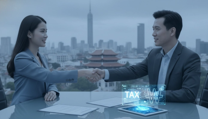 2025년 베트남 법인세 최저세율 변화에 맞춰 협력하는 한국 및 베트남 기업인들. 복잡한 세무 환경 속에서 새로운 기회를 모색하는 모습을 상징합니다.