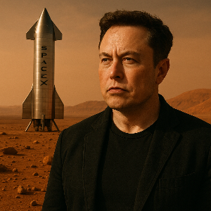 화성을 배경으로 한 스페이스X 로켓과 함께, 결연한 표정의 일론 머스크의 모습