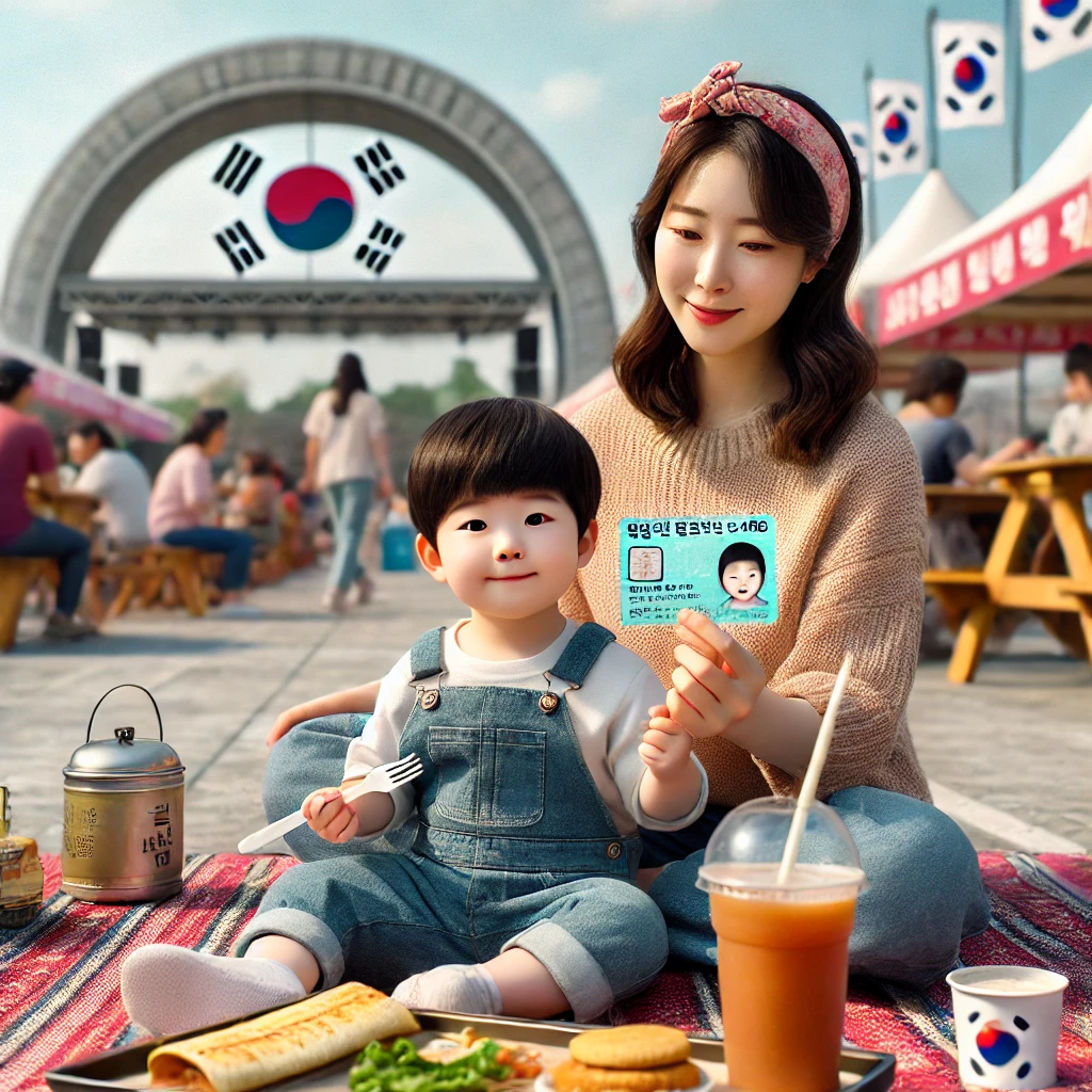 야외 축제장에서 피크닉을 즐기며 문화누리카드를 들고 있는 엄마와 아이.