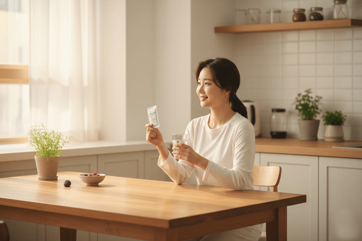 장 건강 루틴 이미지: 아침 주방에서 스틱형 프로바이오틱스를 섭취하는 여성