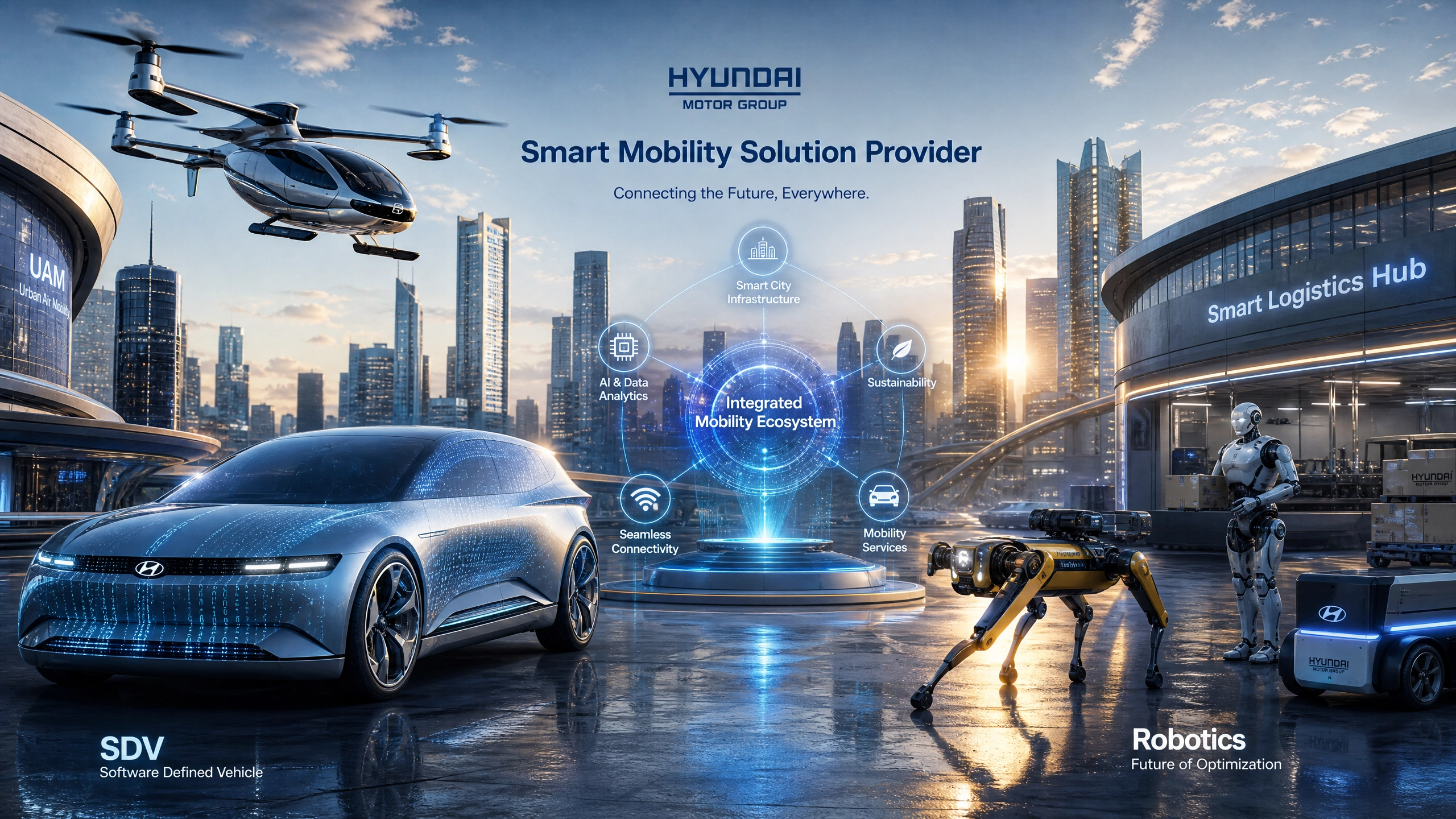 제조업을 넘어 인류의 이동성을 혁신하는 현대자동차그룹의 종합 모빌리티 솔루션(Smart Mobility Solution Provider) 비전을 시각화한 이미지입니다.
이미지 주요 특징:
SDV (Software Defined Vehicle): 하드웨어를 넘어 소프트웨어가 중심이 되는 차세대 자동차를 전면에 배치했습니다. 차량 표면에 흐르는 디지털 코드는 인공지능과 커넥티비티 기술이 결합된 스마트 모빌리티의 정체성을 상징합니다.
UAM (Urban Air Mobility): 미래 도시의 하늘길을 여는 도심항공교통 기체를 상단에 배치하여, 지상과 하늘을 잇는 현대차의 확장된 이동 범위를 표현했습니다.
로보틱스 (Robotics): 보스턴 다이내믹스의 기술력이 녹아든 '스팟(Spot)'과 물류 로봇들을 스마트 물류 허브 배경과 함께 묘사하여, 이동의 영역이 사물과 서비스까지 확장됨을 보여줍니다.
통합 모빌리티 생태계 (Integrated Mobility Ecosystem): 중앙의 홀로그램 대시보드를 통해 자율주행, AI 데이터 분석, 지속 가능성, 그리고 스마트 시티 인프라가 유기적으로 연결된 현대차만의 거대한 생태계를 시각화했습니다.
