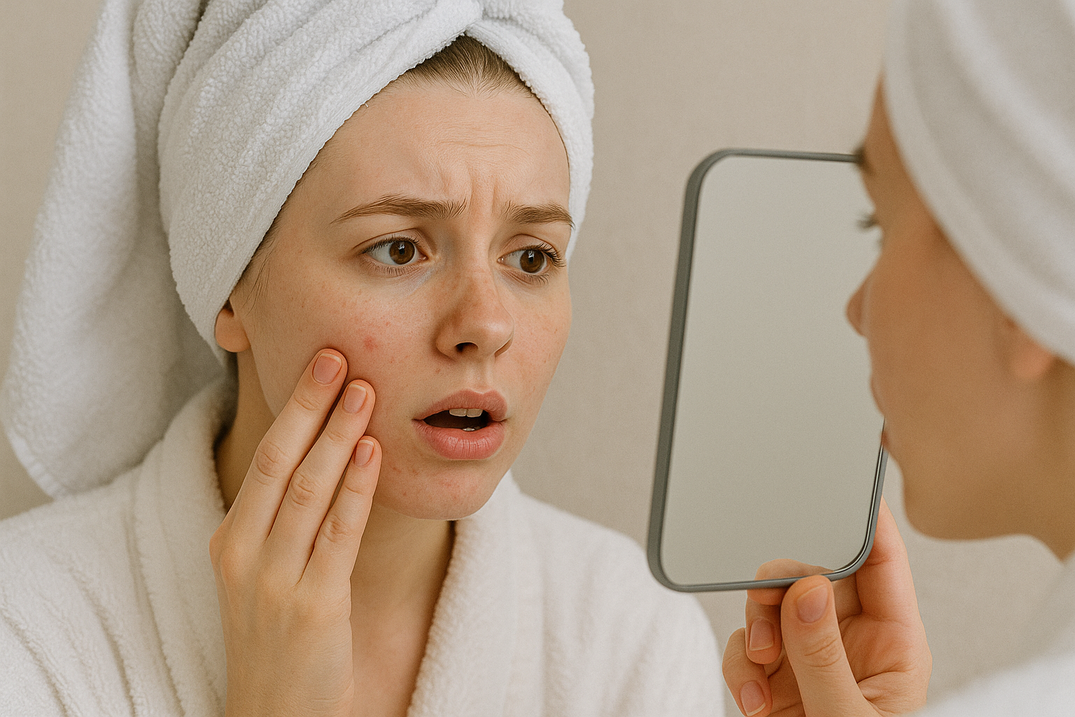 수건 두른 여성이 여드름을 거울로 확인
