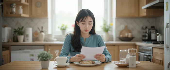 위내시경 금식시간을 정확히 지키기 위해 식탁에서 체크리스트를 확인 중인 여성