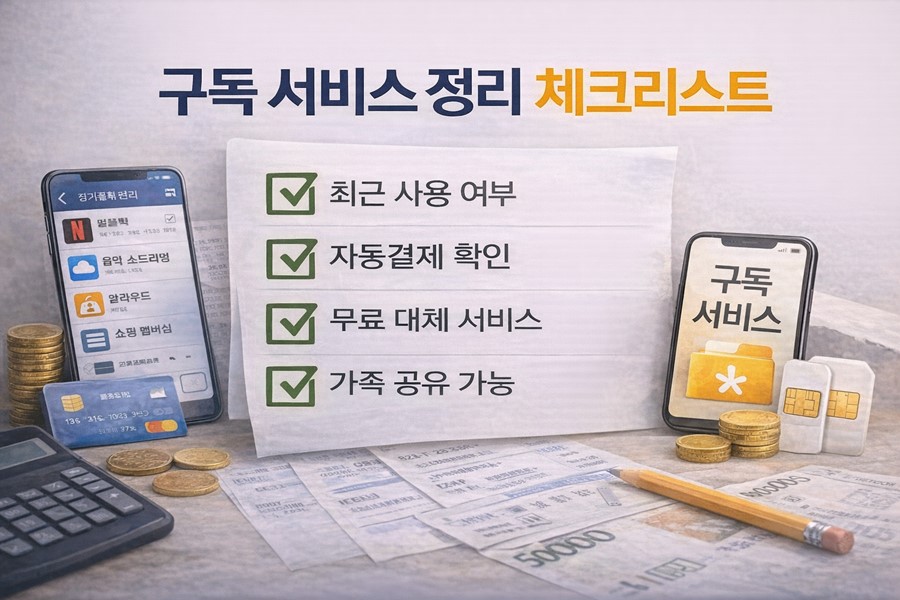 구독 서비스 정리를 위해 최근 사용 여부, 자동결제 상태, 무료 대체 가능 여부, 가족 공유 가능성을 확인하는 체크리스트를 정리한 안내 이미지입니다.
