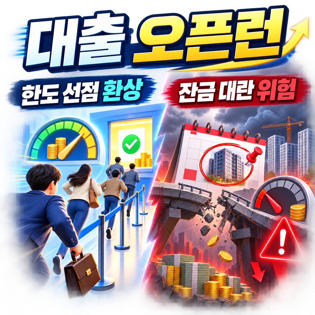 대출 오픈런 한도 선점 환상과 잔금 대란 위험 문구와 함께 대출 창구로 달려가는 사람들과 끊어진 다리 위 잔금 일정 및 경고 표시를 대비해 보여주는 인포그래픽