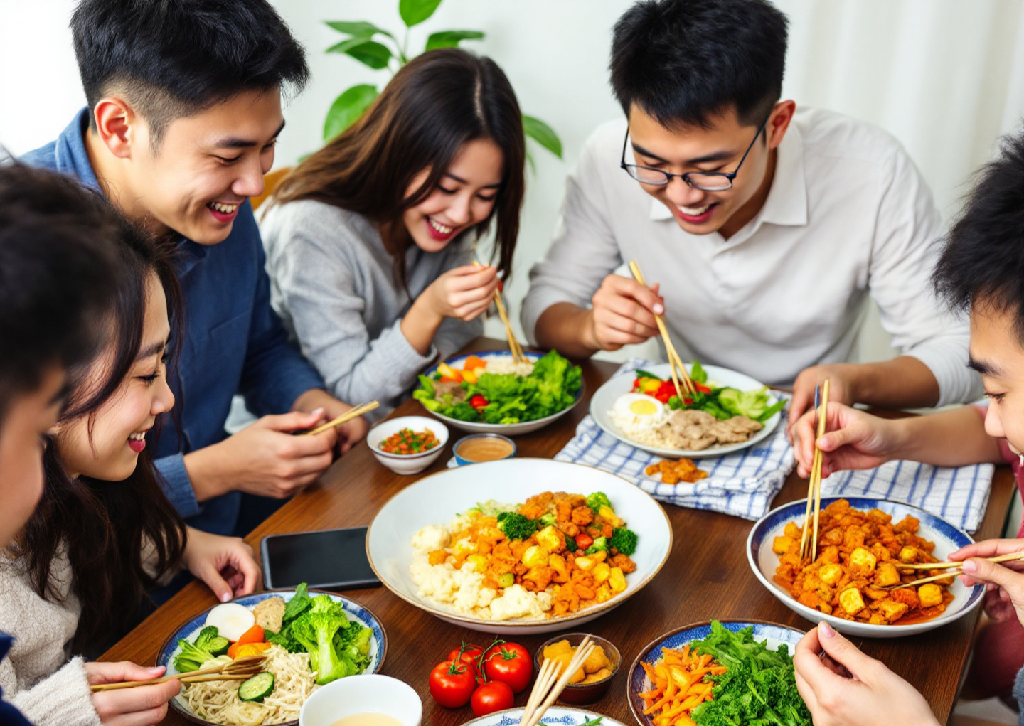 다이어트 식단으로 식사중인 가족