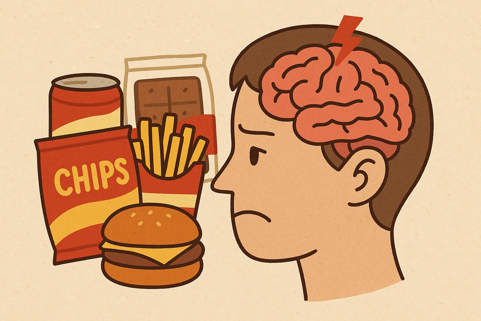 가공식품이-우리-뇌에-미치는-영향을-표현한-일러스트로,-햄버거,-감자튀김,-과자,-탄산음료-등이-사람의-뇌-주변에-그려져-있으며,-뇌에-번개-모양의-충격이-더해져-가공식품의-부정적-영향을-상징함.