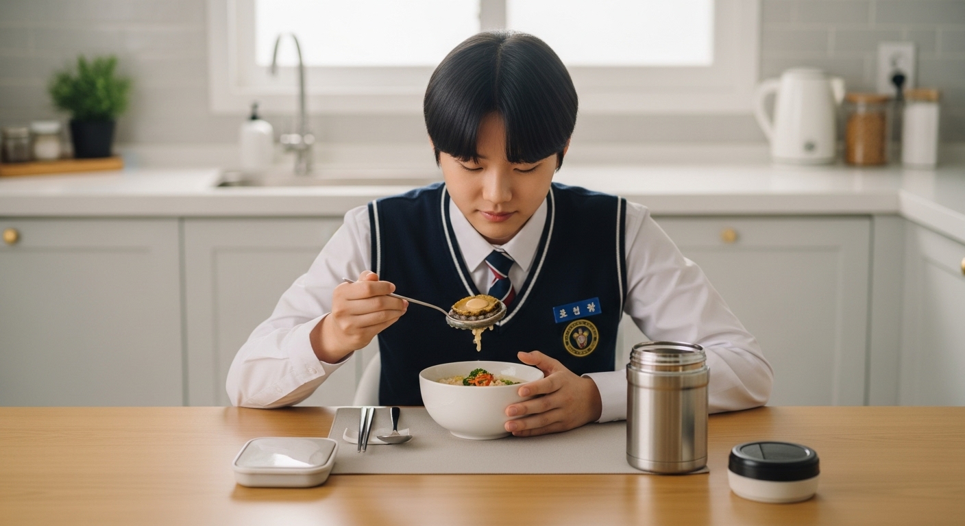 수능 당일 아침 따뜻한 전복죽과 야채죽을 먹으며 컨디션을 조절하는 교복 입은 수험생의 모습. 옆에는 도시락용 보온병이 준비되어 있다.