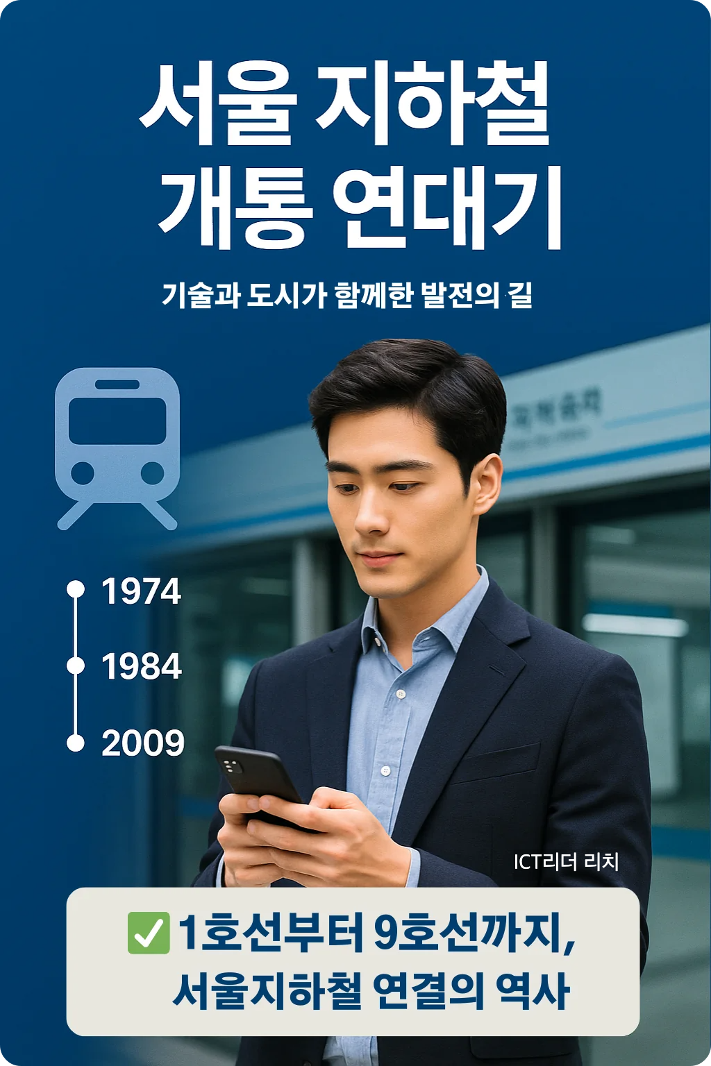서울 지하철 역사 연대기를 표현한 전문가용 인포그래픽. 셔츠와 재킷을 착용한 20대 남성이 지하철 출입구 앞에서 스마트폰으로 정보를 확인하는 장면.