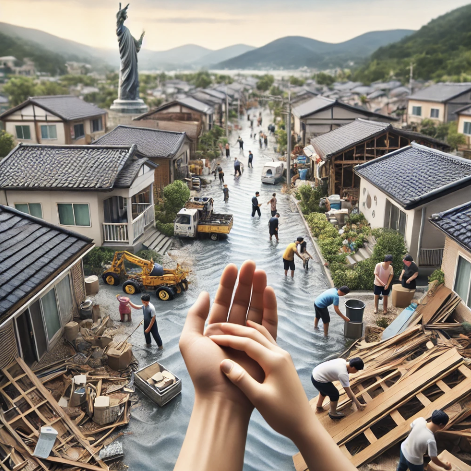 태풍이나 홍수로 피해를 입은 지역주민이 서로 도우며 복구 작업을 진행하는 모습