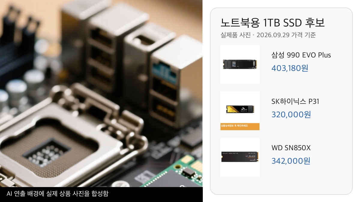 노트북 하판 작업 장면과 1TB SSD 세 제품 실제 사진 비교