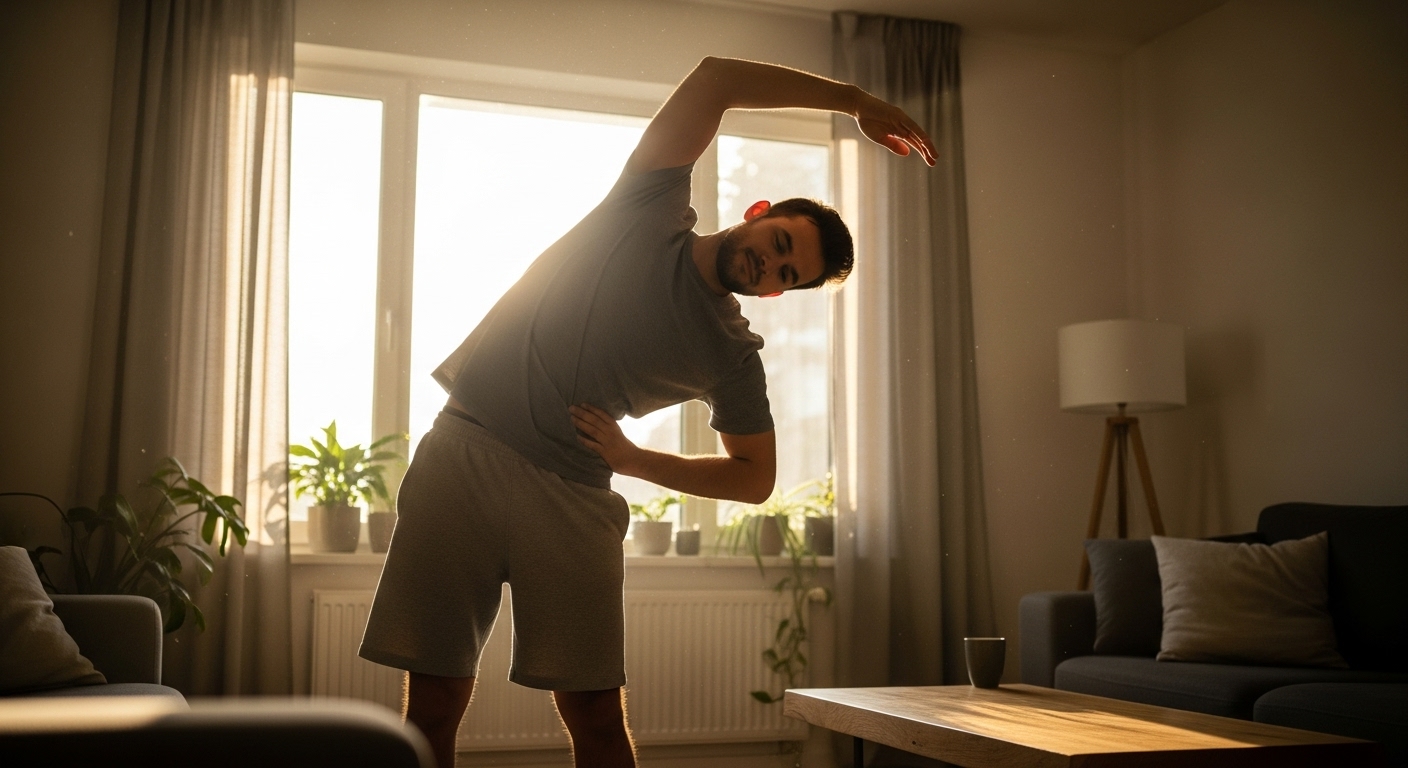 복부 스트레칭과 산책을 함께 실천하는 남성