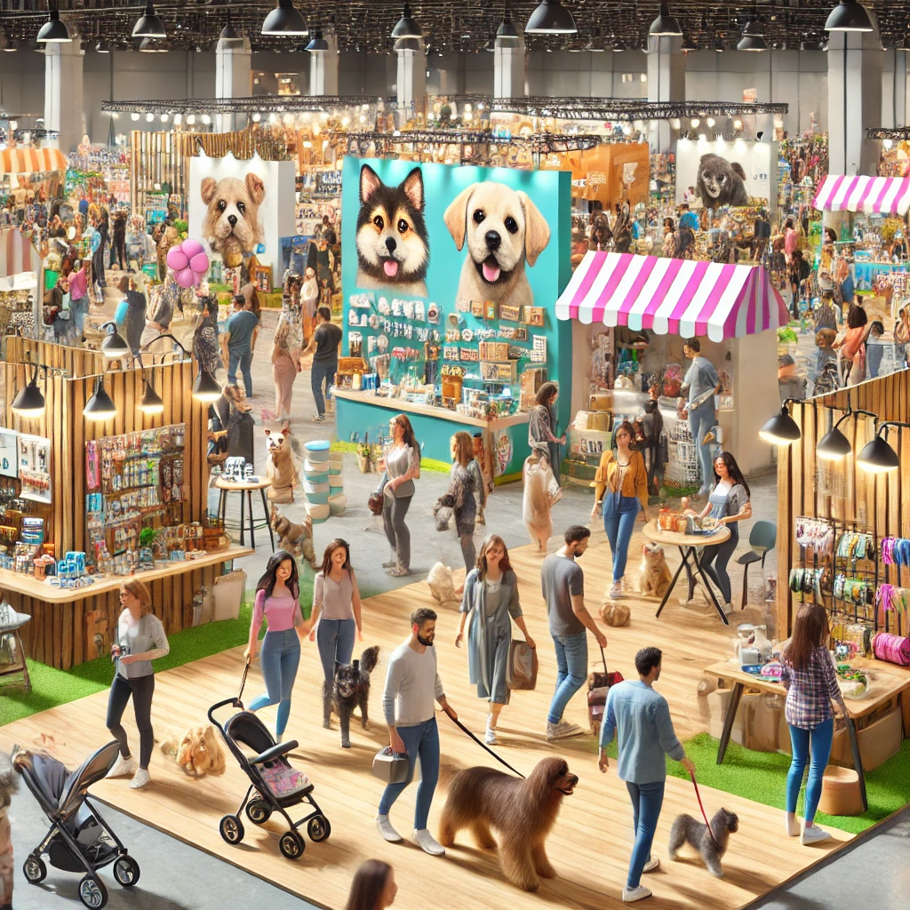 반려동물 박람회에 참여중인 사람들과 반려동물