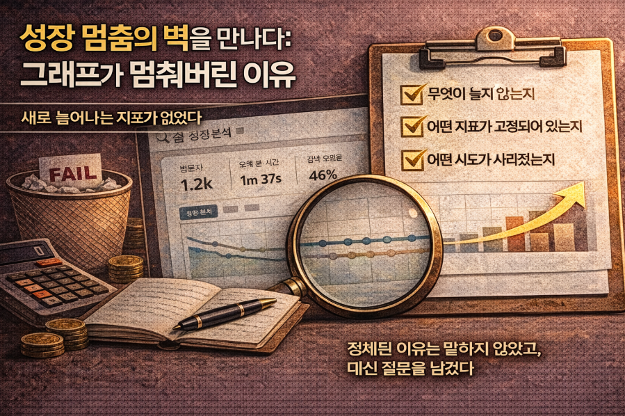 정체된 성장 그래프를 수치 데이터로 점검하는 블로그 분석 이미지, 성장 멈춤을 실패가 아닌 점검 신호로 인식하는 장면