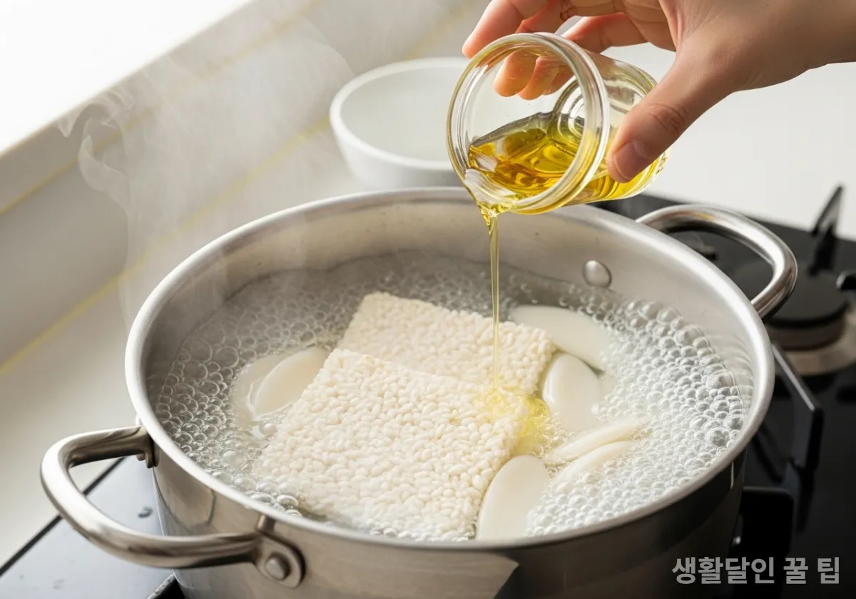 끓는 물에 떡국 떡을 넣고 식용유 한 방울을 떨어뜨리는 데치기 과정