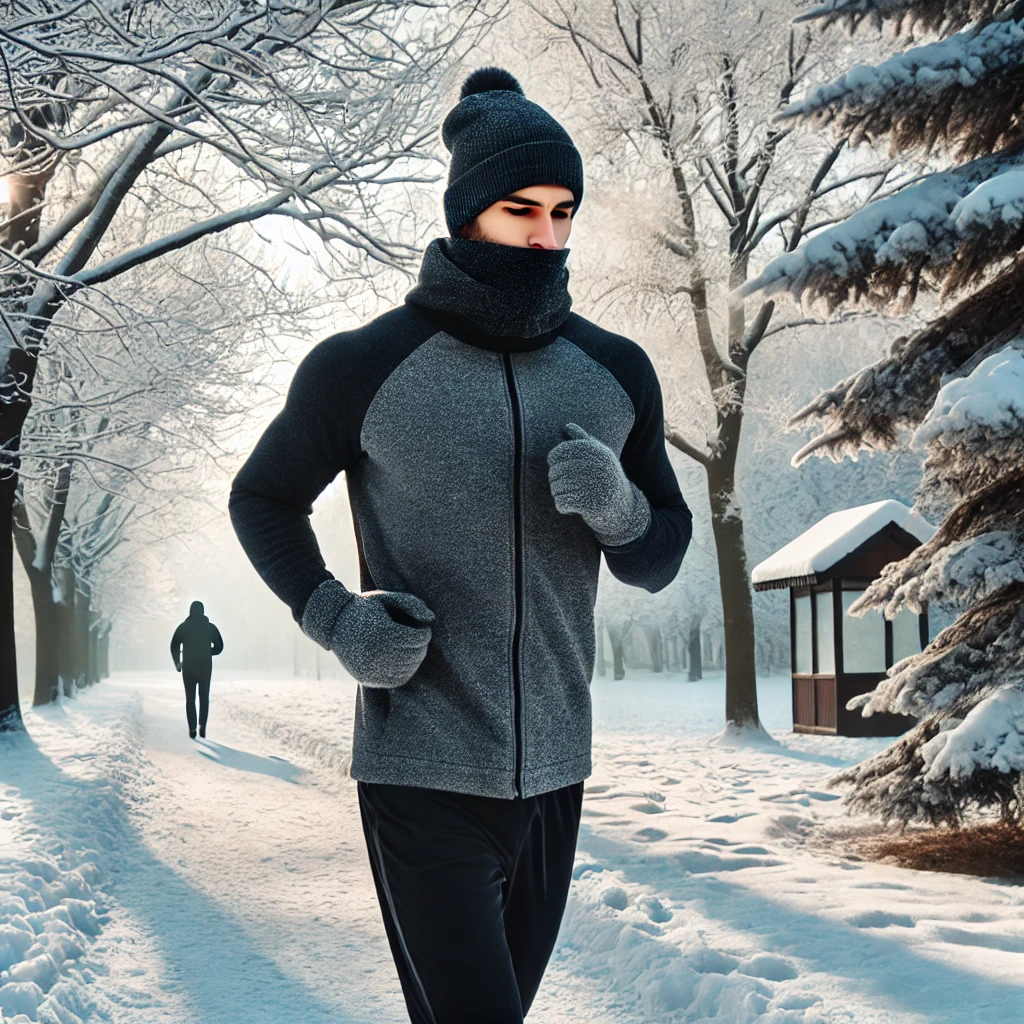 겨울철 눈길에서 조깅하는 남성