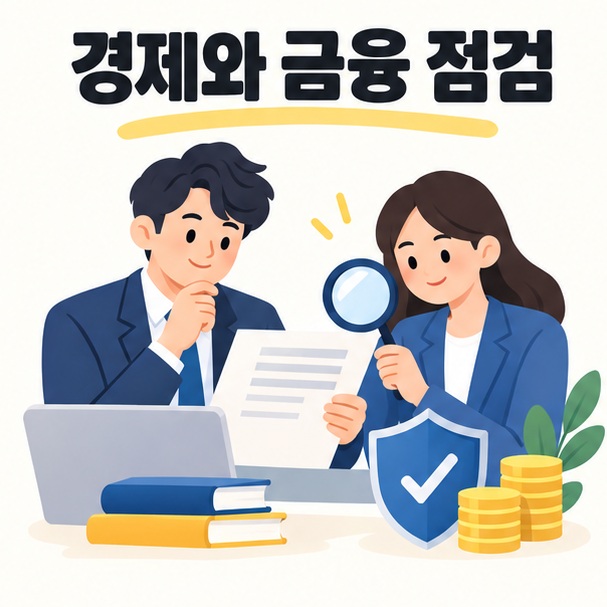 연구자들이 경제 및 금융 위험을 점검하며 보고서를 살피는 그림