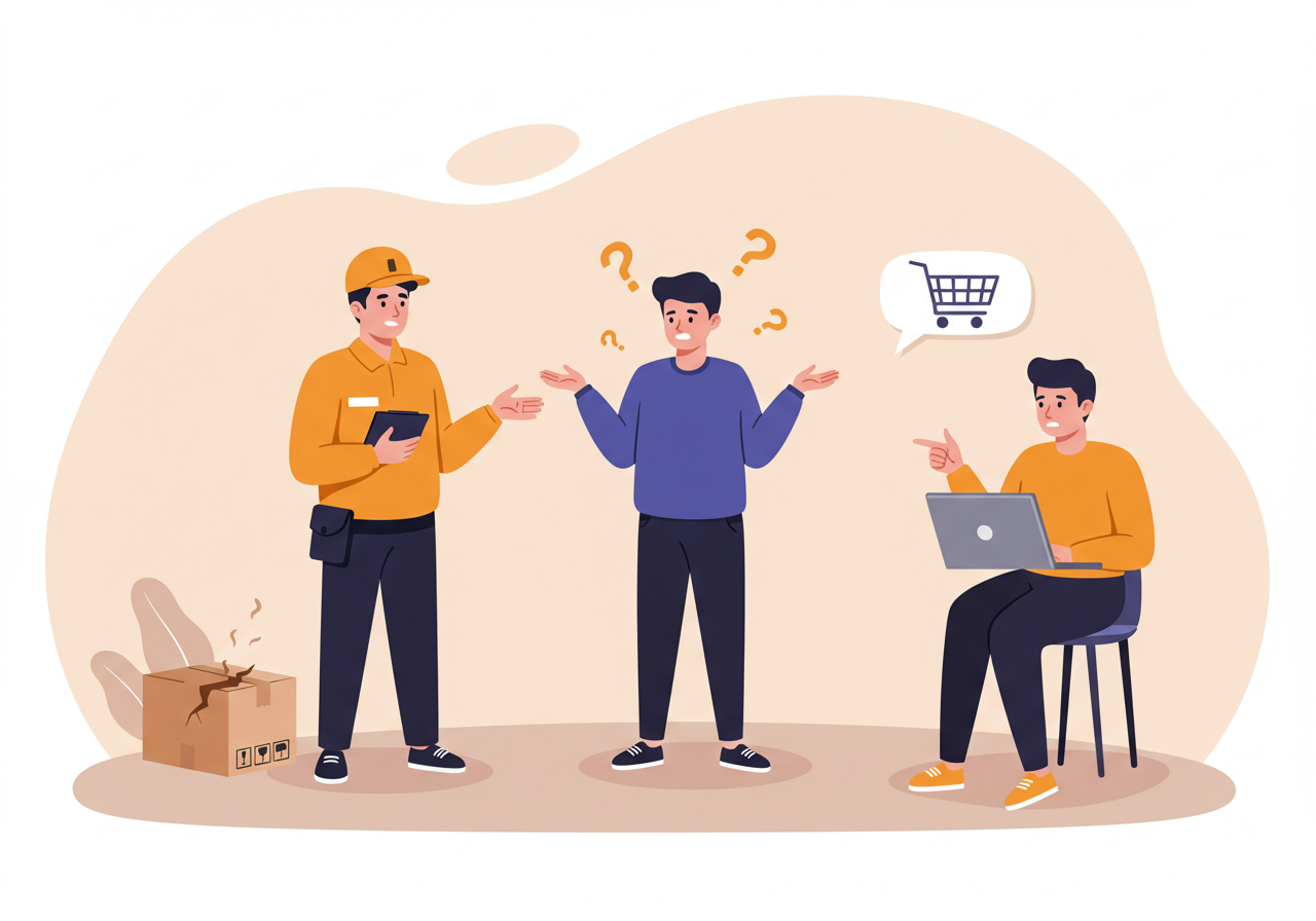 택배 분실 책임을 두고 판매자와 택배사가 서로를 가리키는 장면, 당황한 소비자와 파손된 택배 상자 일러스트