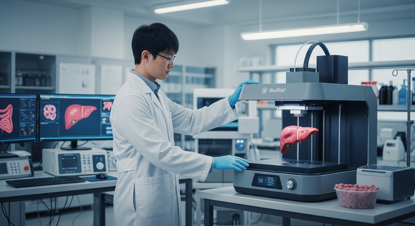 a high-tech bio 3D printer that is printing a human liver organ using bio-ink