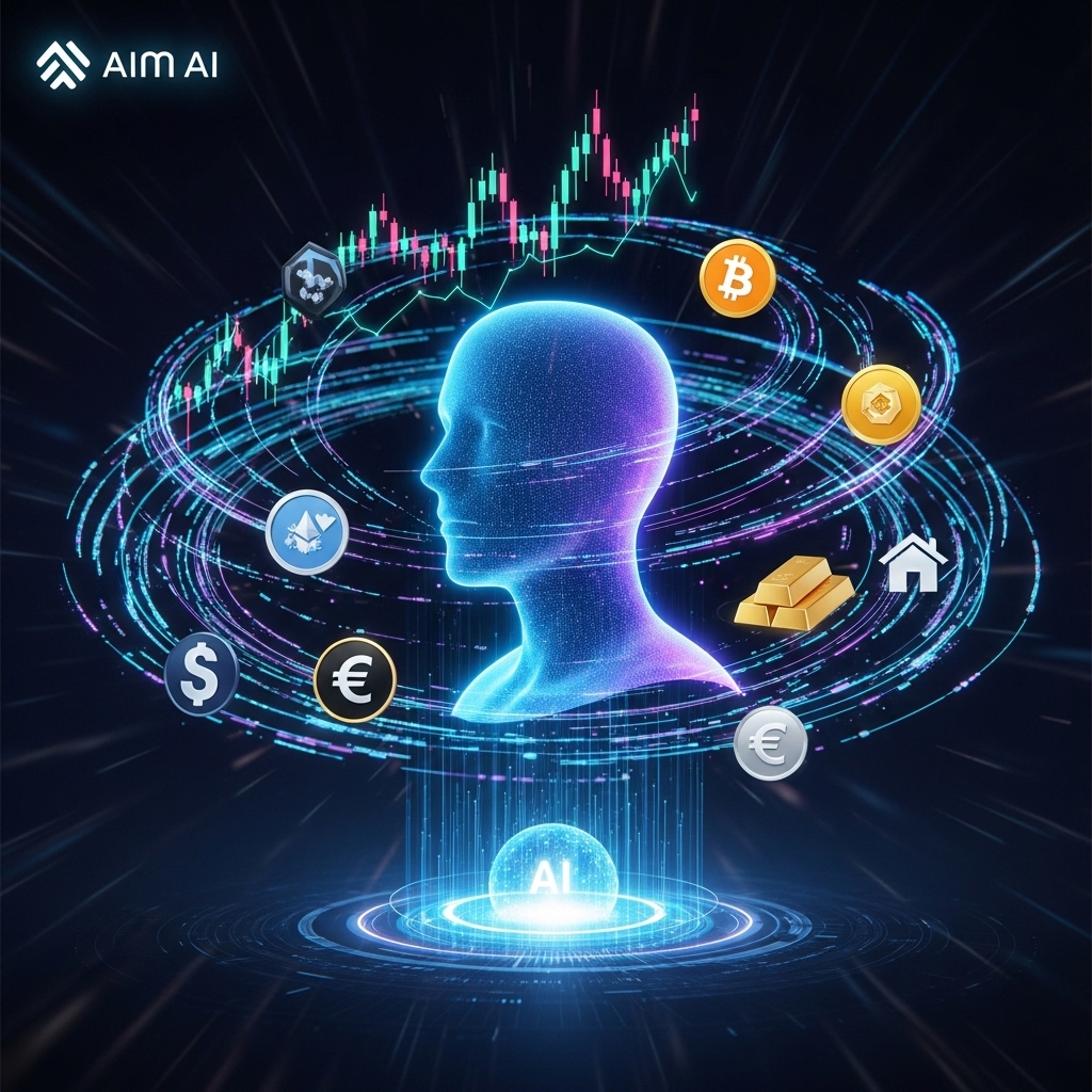 에임 AI의 개인 맞춤형 자산 관리를 시각화한 그래픽. 글로벌 자산 기호와 데이터 흐름이 사람의 프로필을 감싸는 미래지향적인 이미지.