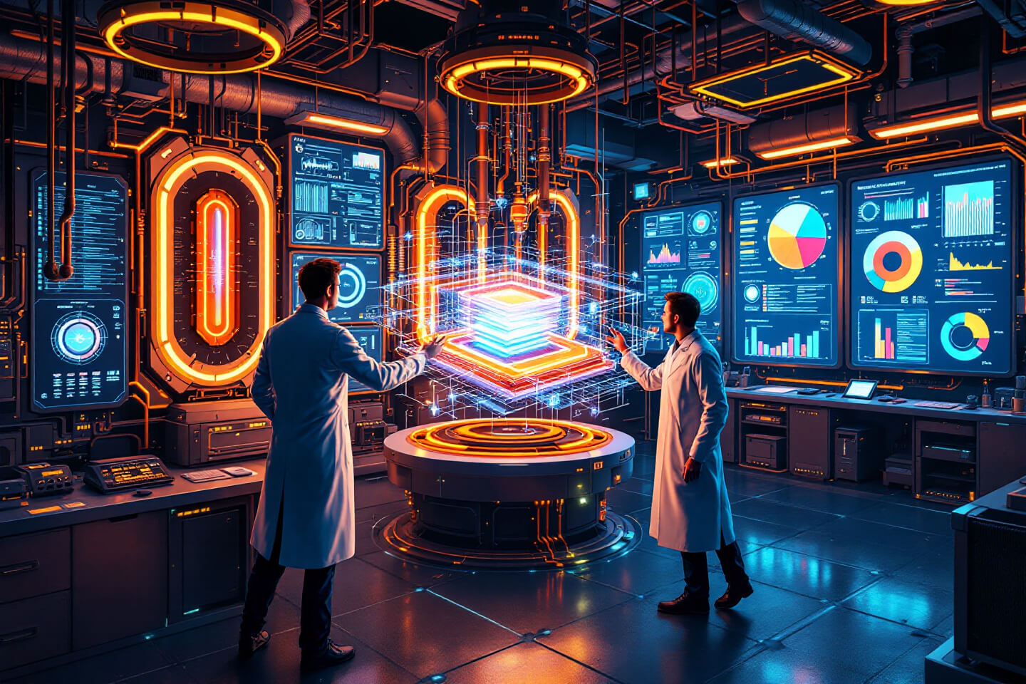 래지향적 연구실에서 두 명의 과학자가 홀로그램 기반의 첨단 자기 구조를 분석하는 장면. 주변에는 대형 디지털 패널에 데이터 분석 그래프와 차트가 표시되고, 연구실은 고도의 기술력을 강조하는 오렌지색과 파란색 조명으로 가득 차 있습니