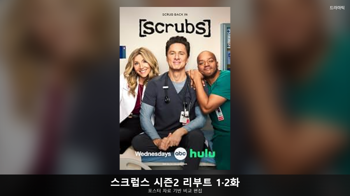 포스터 자료: Scrubs 2026 리바이벌(IMDb 공식 홍보 이미지) · 비교 편집: 드라마틱