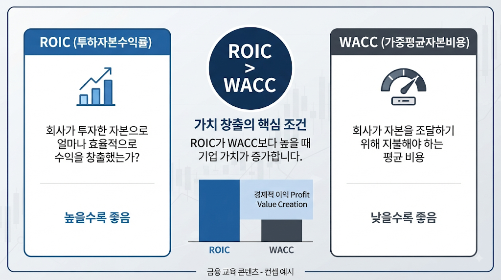 ROIC와 WACC 차이를 보여주는 자본효율성 비교 인포그래픽