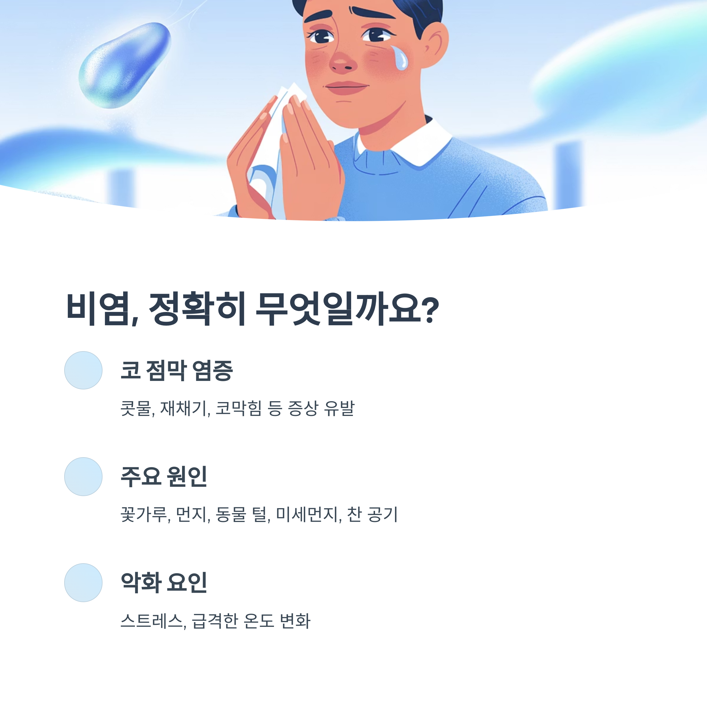 코를 훌쩍이는 남성 일러스트가 중심인 이미지. "비염, 정확히 무엇일까요?"라는 제목 아래 코 점막 염증, 원인, 악화 요인이 정리되어 있음.