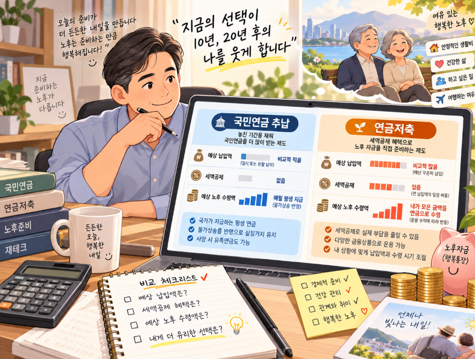 국민연금 추납과 연금저축 중 노후 수령액을 비교하는 계산 장면