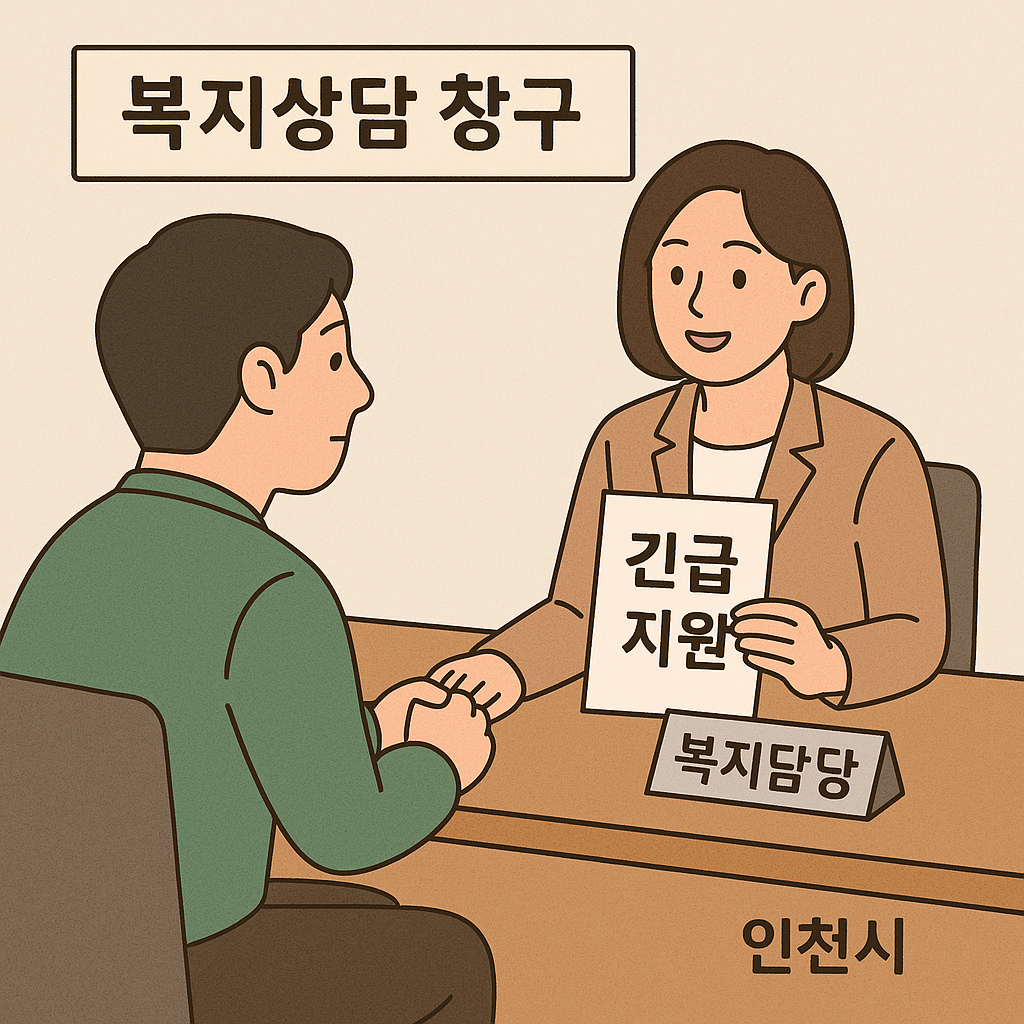인천시 복지상담 창구에서 긴급지원을 상담 중인 시민과 복지 담당자의 모습