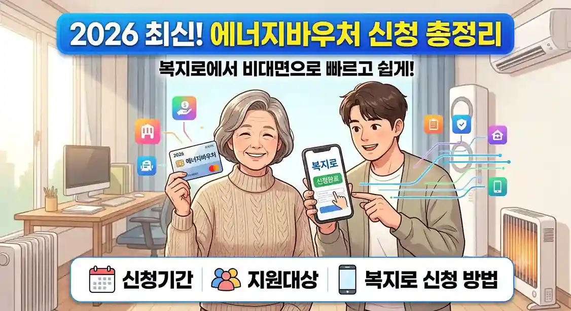 [2026 최신! 에너지바우처 신청 총정리]"라는 노란색 글씨의 메인 타이틀과 "복지로에서 비대면으로 빠르고 쉽게!"라는 문구가 상단에 배치된 블로그 썸네일 이미지. 중앙에는 미소를 짓고 있는 할머니가 '2026 에너지바우처' 실물 카드를 들고 있고, 옆에 있는 젊은 남성이 스마트폰으로 '복지로 신청완료' 화면을 보여주고 있다. 배경은 에어컨, 라디에이터, 컴퓨터가 있는 거실이며, 이미지 하단에는 신청기간(달력 아이콘), 지원대상(사람 아이콘), 복지로 신청 방법(스마트폰 아이콘)이 직관적인 메뉴 바 형태로 구성되어 있다