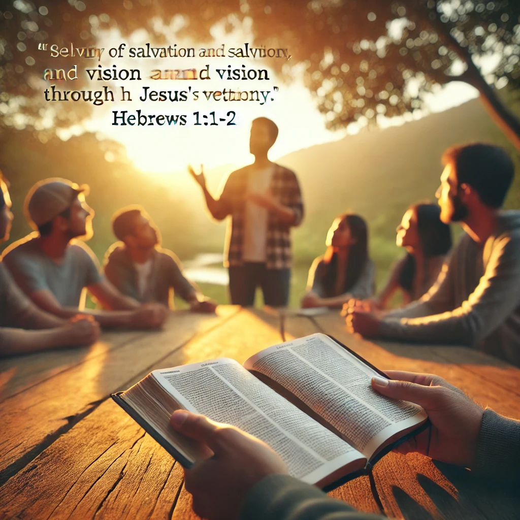 Here is an inspiring depiction of a person sharing the message of Jesus Christ, reflecting on Hebrews 1:1-2. It portrays the warmth and clarity of salvation and the dedication to spreading the Word through testimony.