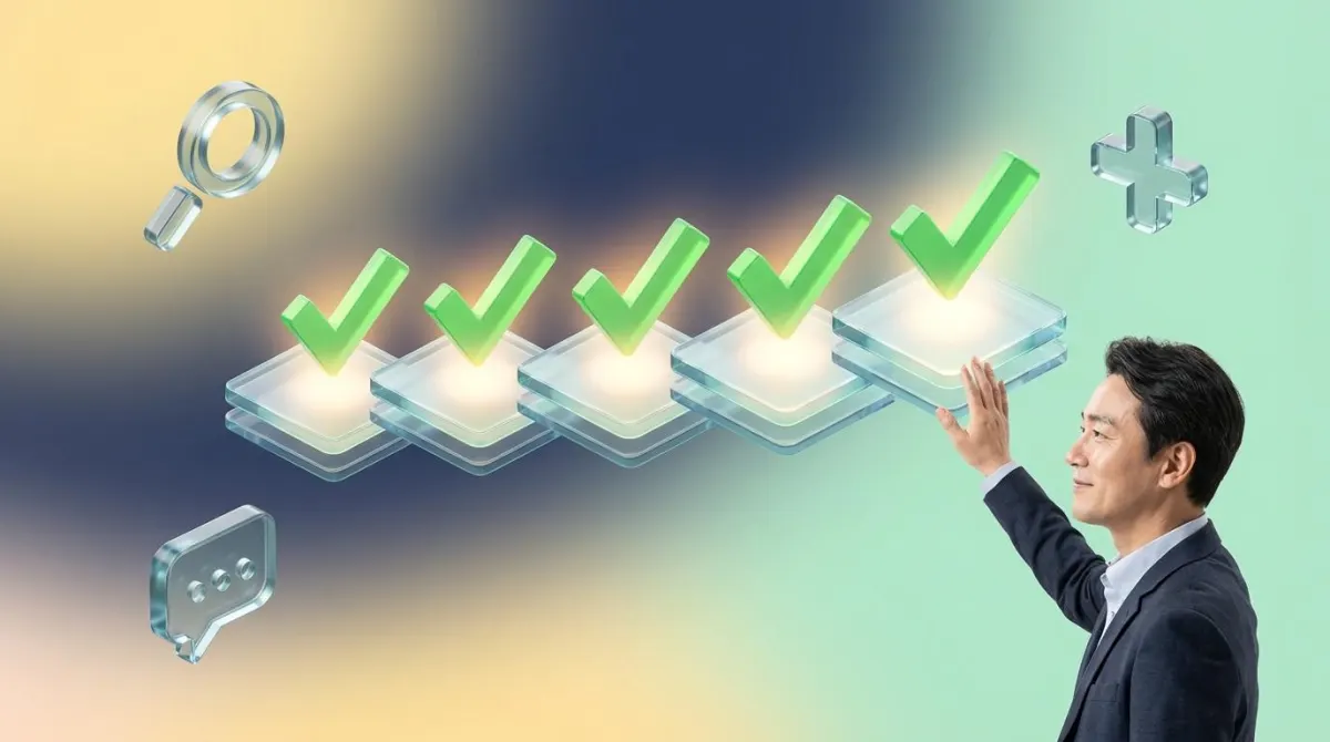 카카오톡 인공지능 채널 추가 과정을 5개의 입체적인 계단과 초록색 체크표시 아이콘으로 형상화한 3D 인포그래픽 이미지