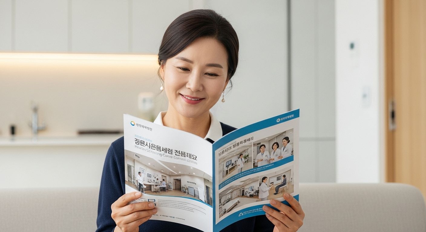 검진기관 안내 책자를 펴고 있는 중년 여성