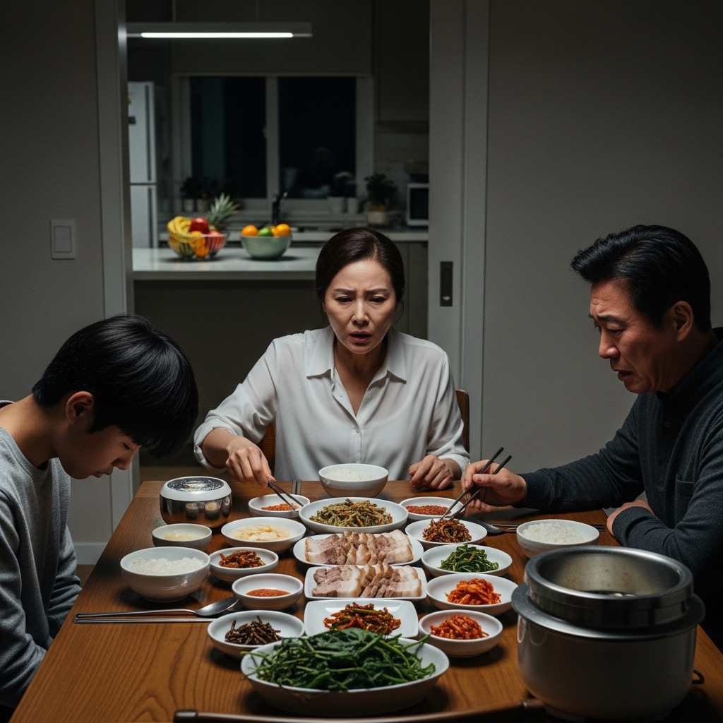 식탁에서 놀란 가족들의 모습