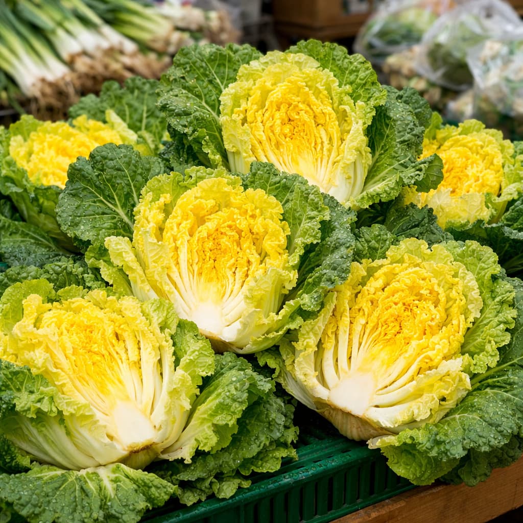 시장 매대에 진열된 신선한 봄동 채소, 노란 속살이 보이는 봄동 단면 모습