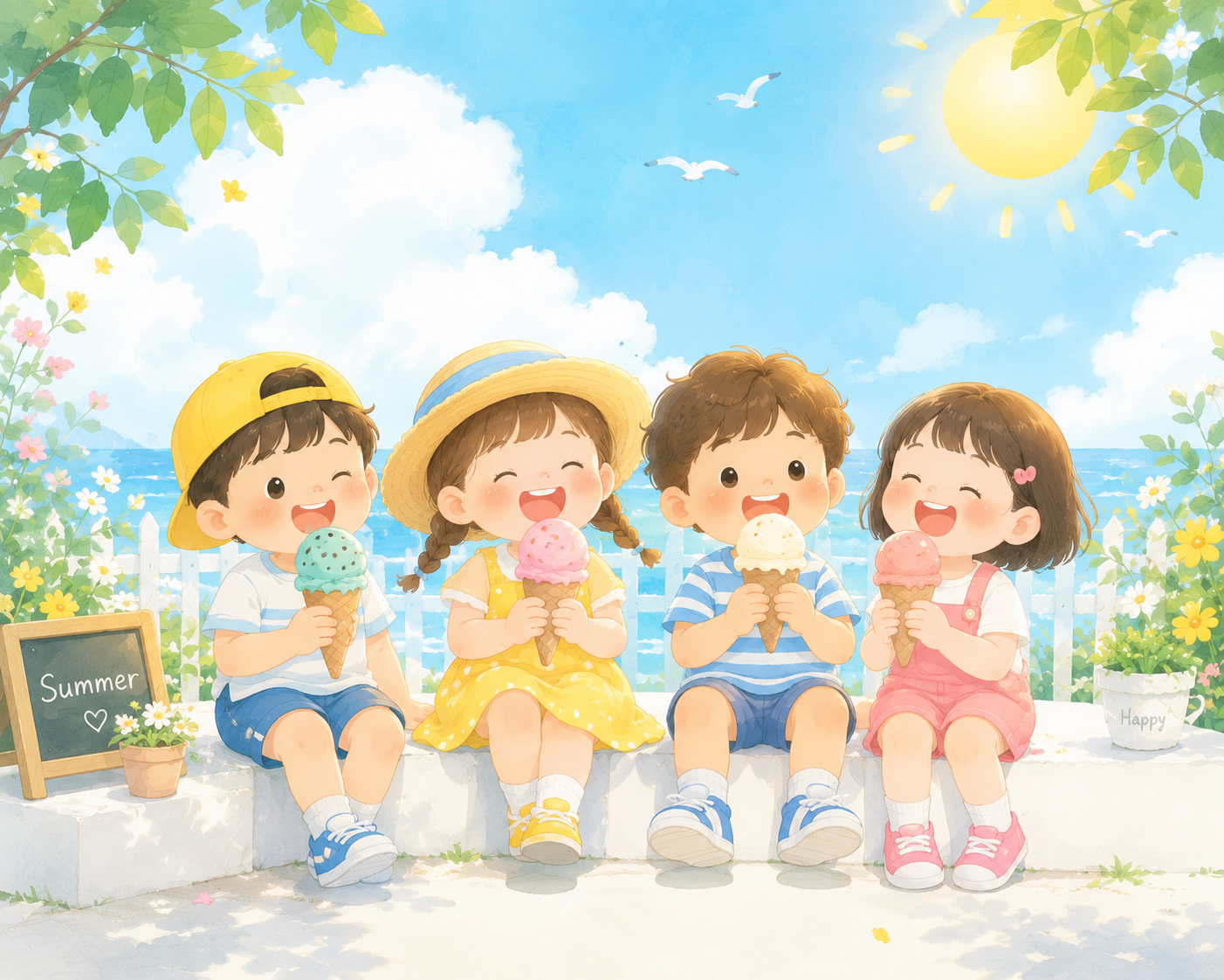 상큼한 느낌의 아이스크림먹는 아이들 모습 그림