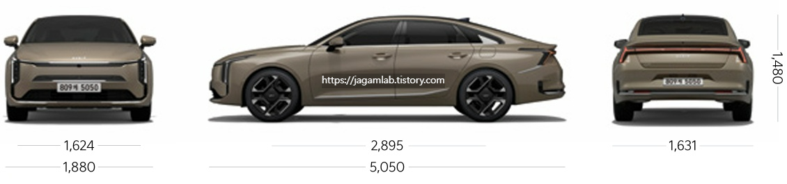 2026 K8 3.5 가솔린 전장, 전폭, 전고, 축간거리, 윤거 전후 제원