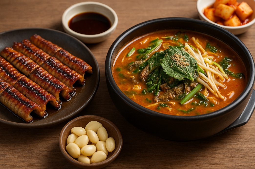 장어구이와 추어탕으로 원기 충전하는 모습