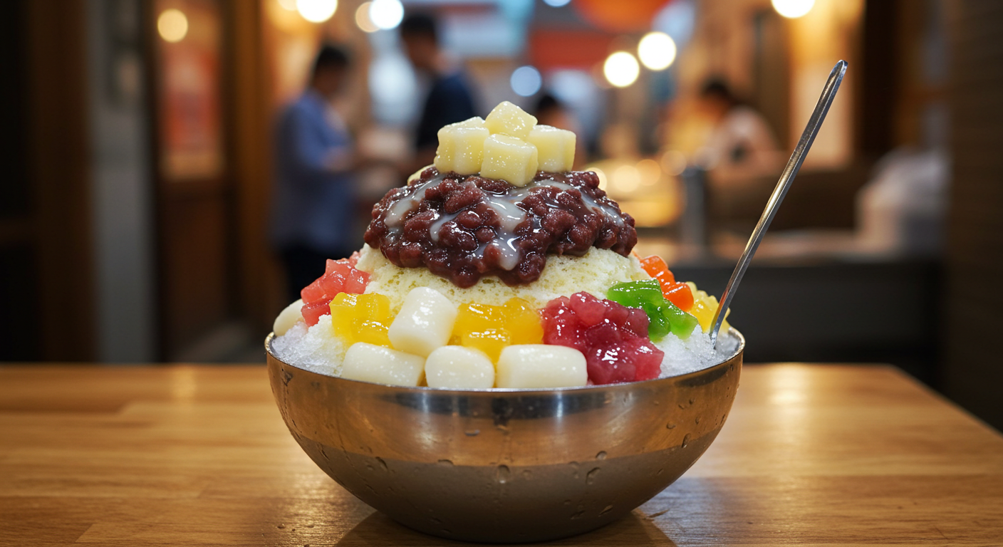 Traditional Korean patbingsu shaved ice dessert with red beans and toppings at a market stall ❘ 전통 시장 팥빙수