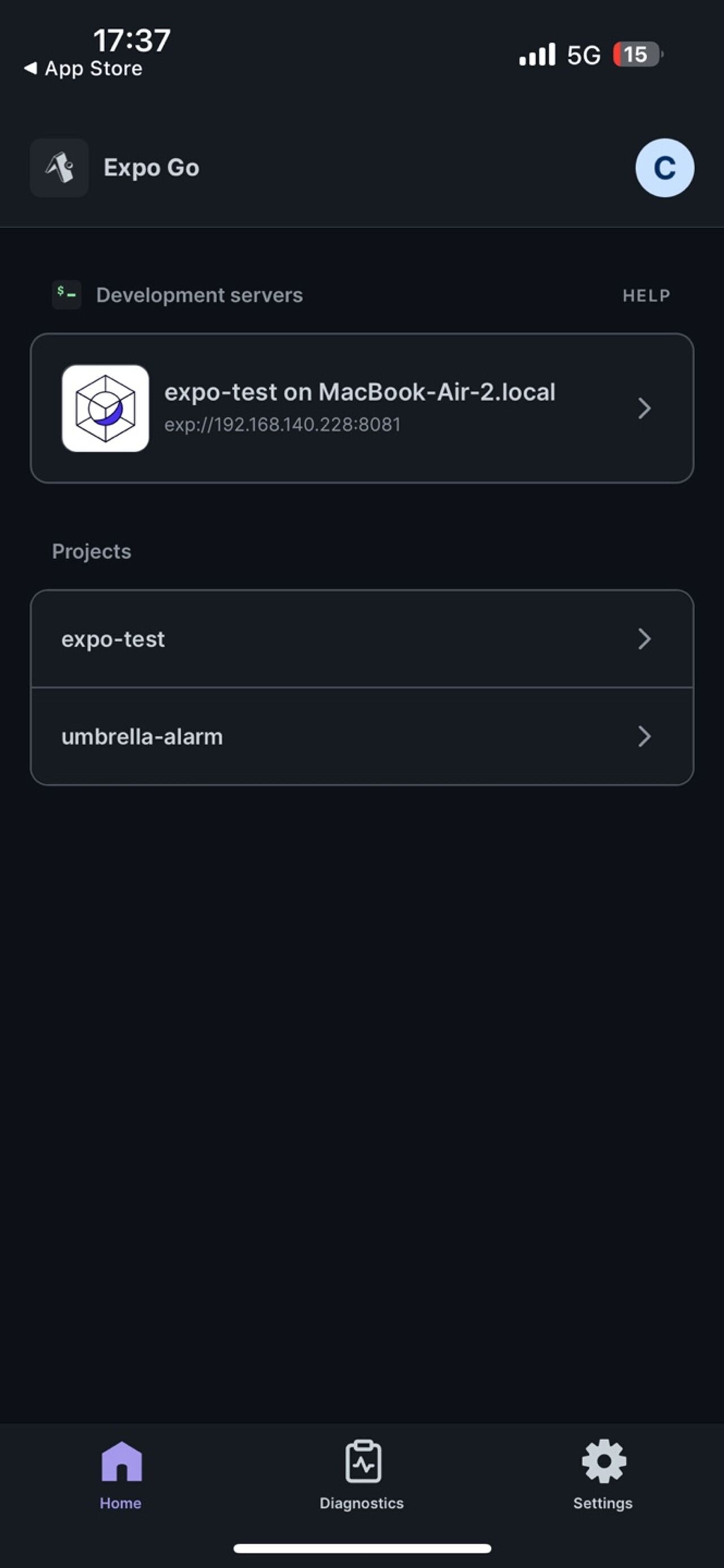 Expo Go 앱에서 Projects 선택 화면 (1)