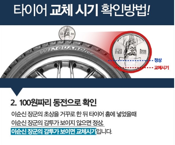 이순신 장군의 감투가 보이는 정도로 마모가 심한 타이어 상태