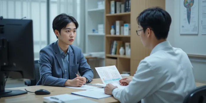 의사와 마주 앉아 대장내시경 비용에 대해 상담받는 장면