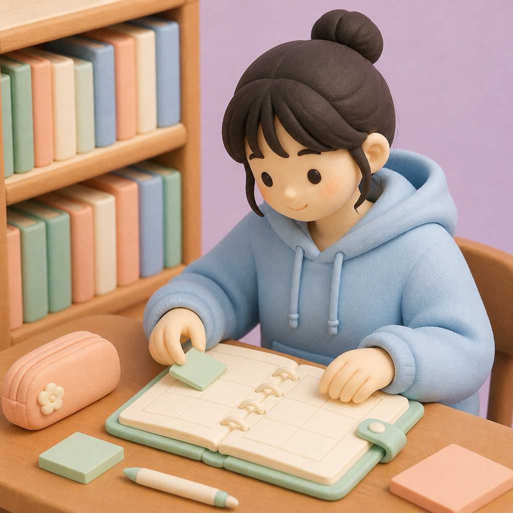 학교 도서관 책상에서 시간표를 정리하는 대학생