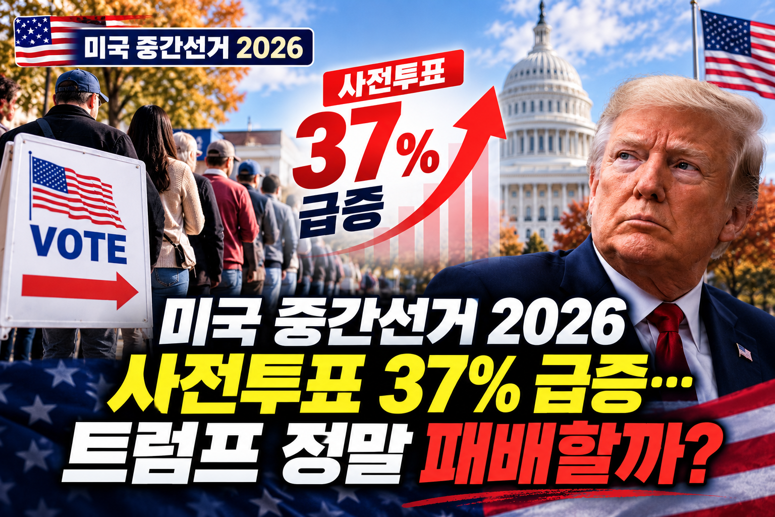 미국 투표소 앞 유권자들과 트럼프 대통령을 배치해 사전투표 증가와 선거 결과에 대한 관심을 표현한 AI 이미지입니다.