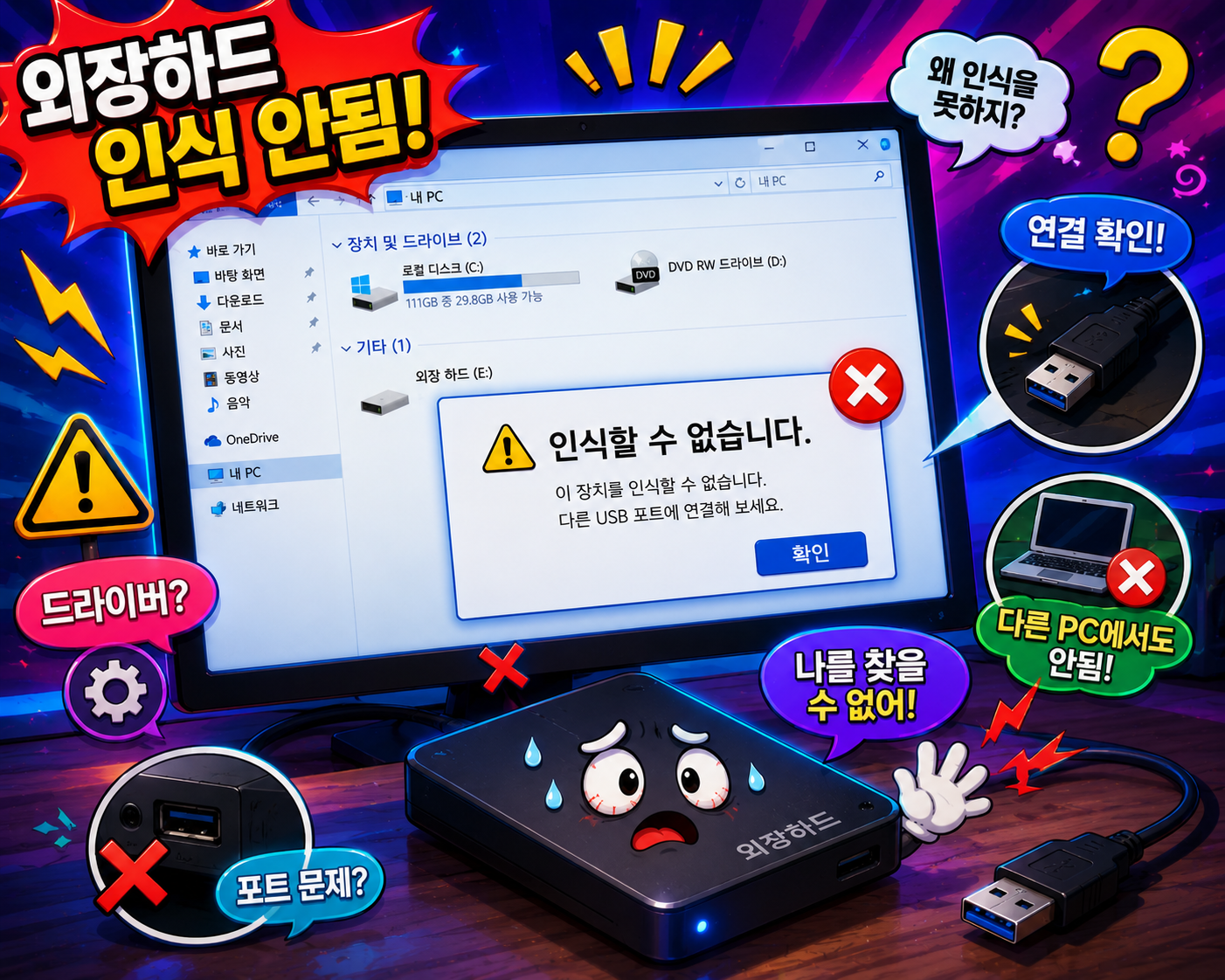 외장하드 인식 안됨 해결방법 총정리 외장하드드라이브문자할당 외장하드디스크관리
