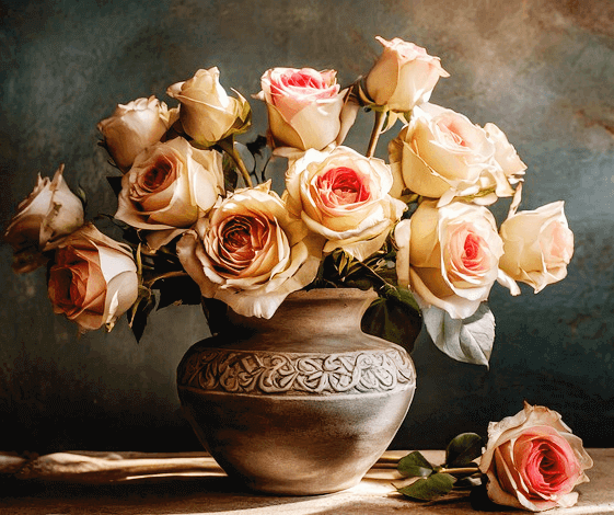 고풍적인 갈색 화분 안에 풍성한 백장미들이 가득 있는 그림이다. 말이 없는 장미다.